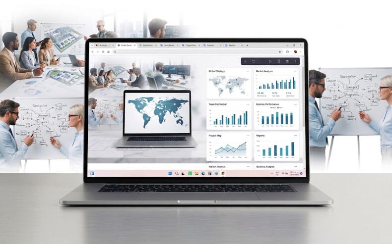 Computadora portátil en un escritorio mostrando el sitio web de Liliana Berlioz Consulting en la pantalla, flanqueada por profesionales revisando planos técnicos, tableros de datos y estrategias corporativas.