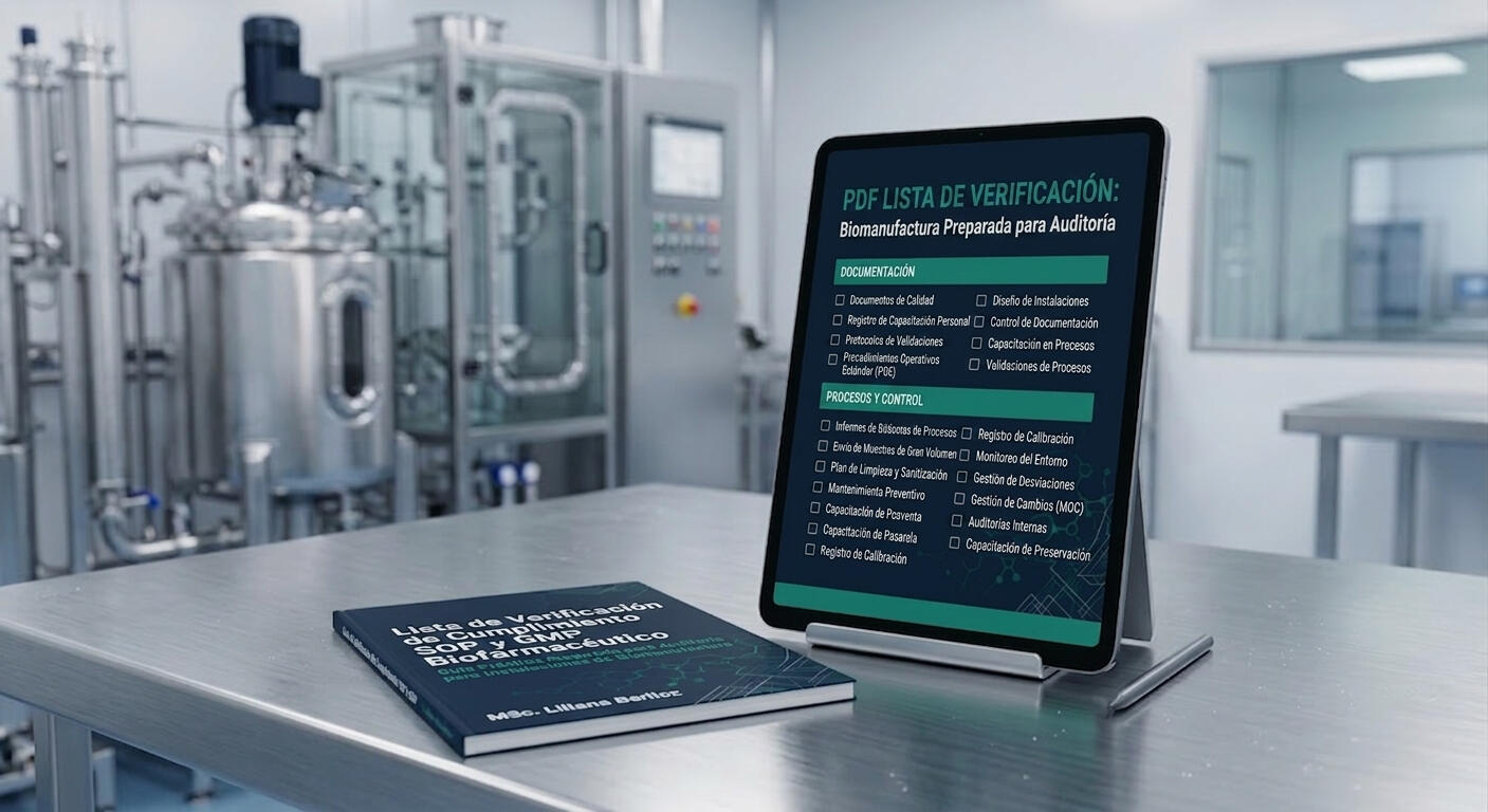 Checklist BPM Mockup de una tablet y un manual con checklist de cumplimiento BPM en laboratorio.