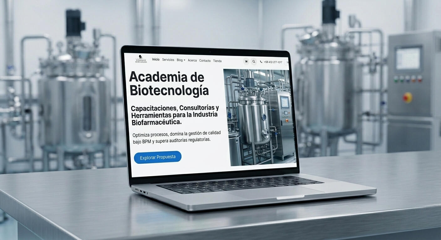 Laptop abierta mostrando la plataforma de cursos en línea de la Academia de Biotecnología.